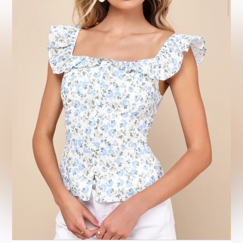 Floral Ruffle Sleeve Top - Blue and White